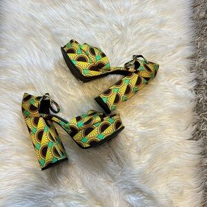 Yellow & Green Patterned Platform Heels